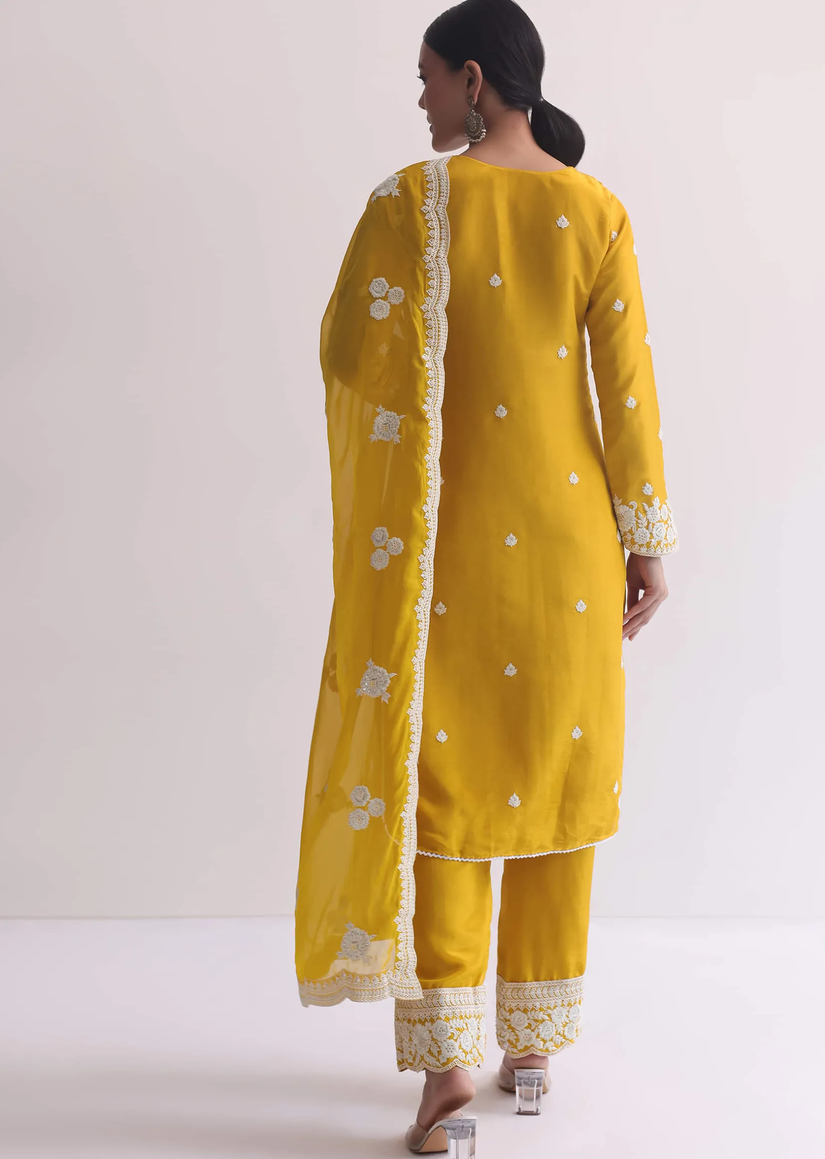 Yellow Organza Resham Threadwork Embroiderd Kurti Pant Set