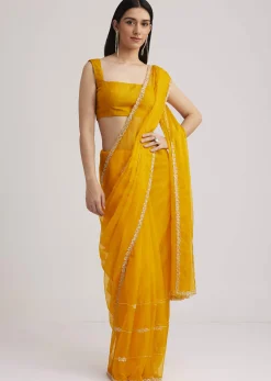 Yellow Organza Saree With Cutdana Embroidery