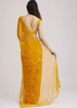 Yellow Organza Saree With Cutdana Embroidery