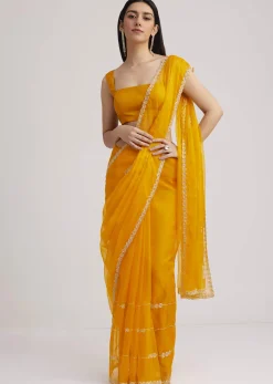 Yellow Organza Saree With Cutdana Embroidery