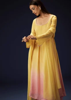 Yellow Orgnaza Kurta Palazzo Suit With Bell Bottom Pants