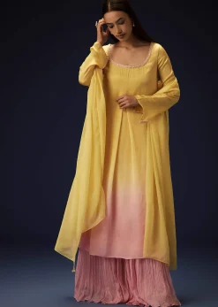 Yellow Orgnaza Kurta Palazzo Suit With Bell Bottom Pants