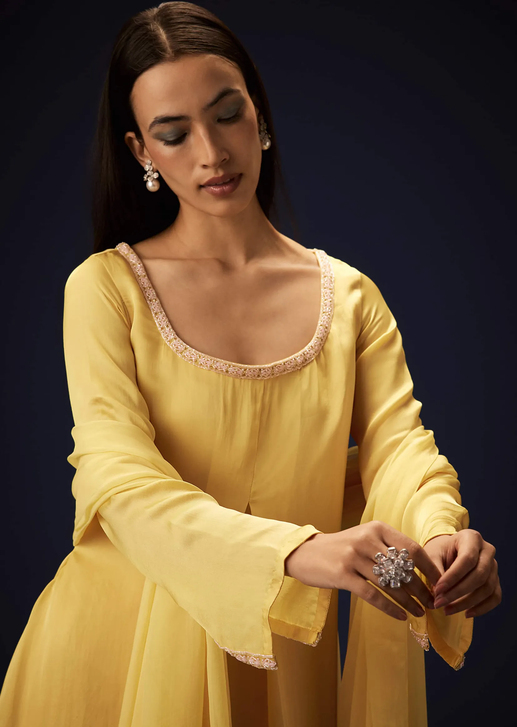 Yellow Orgnaza Kurta Palazzo Suit With Bell Bottom Pants