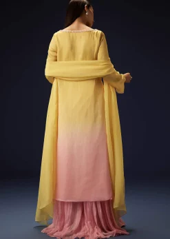 Yellow Orgnaza Kurta Palazzo Suit With Bell Bottom Pants