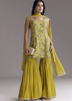 Yellow Paisley Print Sharara Set With Zari Embroidery