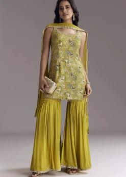 Yellow Paisley Print Sharara Set With Zari Embroidery