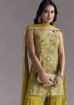 Yellow Paisley Print Sharara Set With Zari Embroidery
