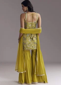 Yellow Paisley Print Sharara Set With Zari Embroidery