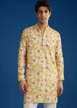 Yellow Pashmina Floral Printed Kurta Set With Zipper