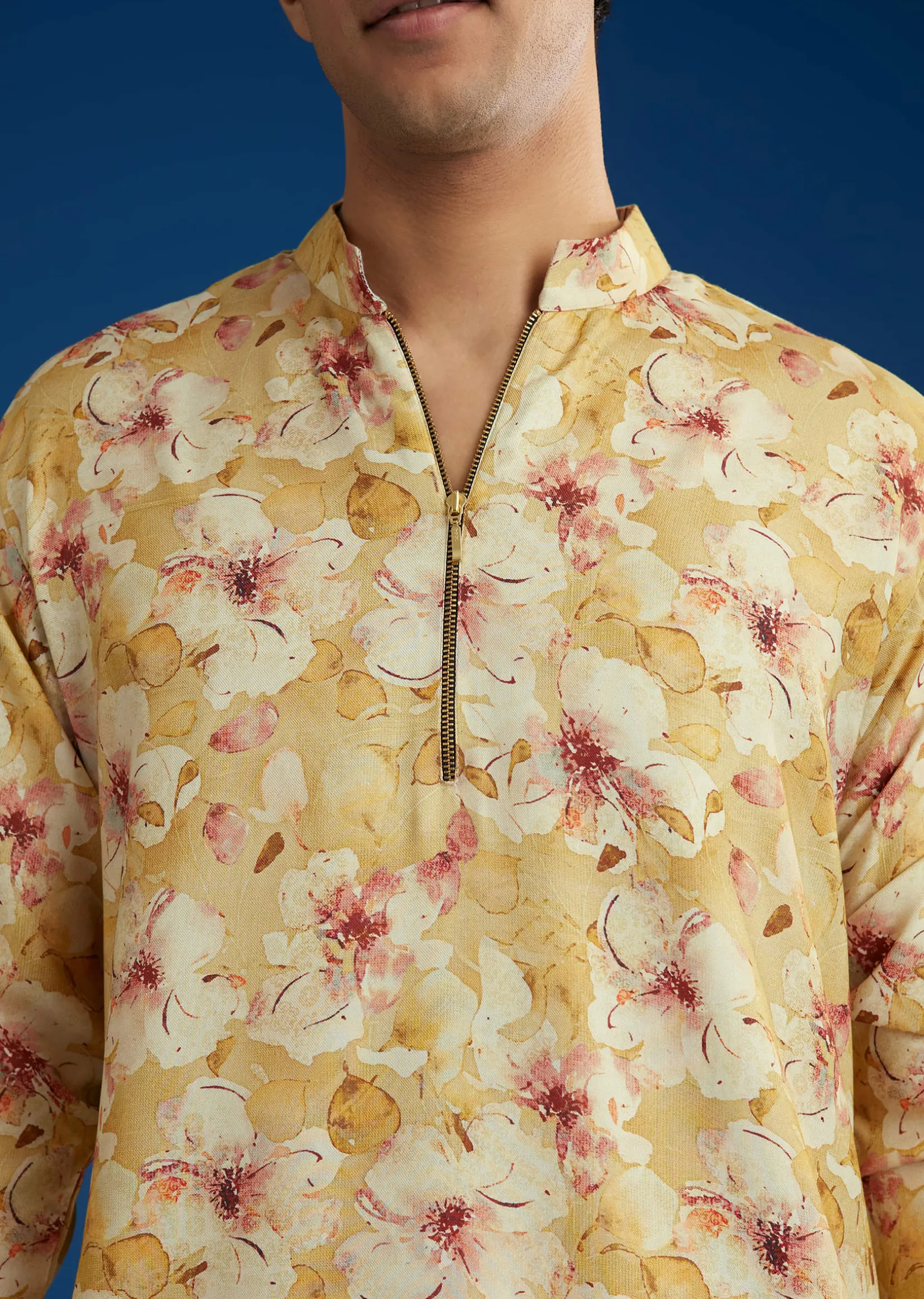 Yellow Pashmina Floral Printed Kurta Set With Zipper