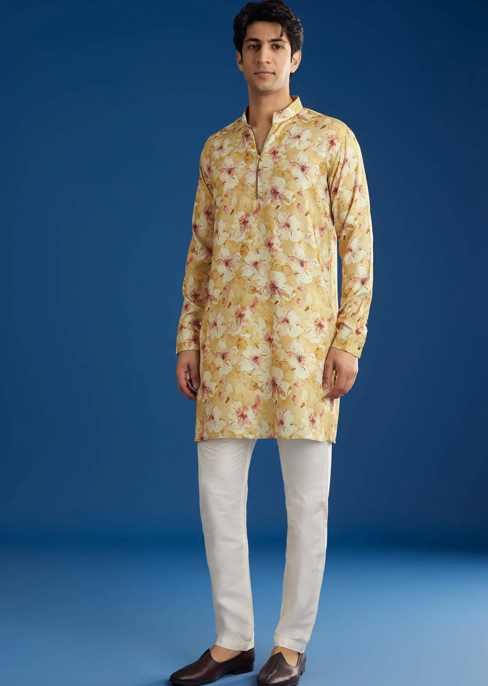 Yellow Pashmina Floral Printed Kurta Set With Zipper
