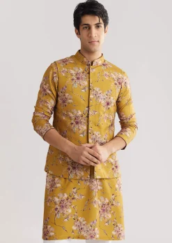 Yellow Pashmina Jacket Kurta Set With Stone Work