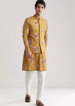 Yellow Pashmina Jacket Kurta Set With Stone Work