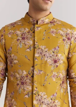 Yellow Pashmina Jacket Kurta Set With Stone Work
