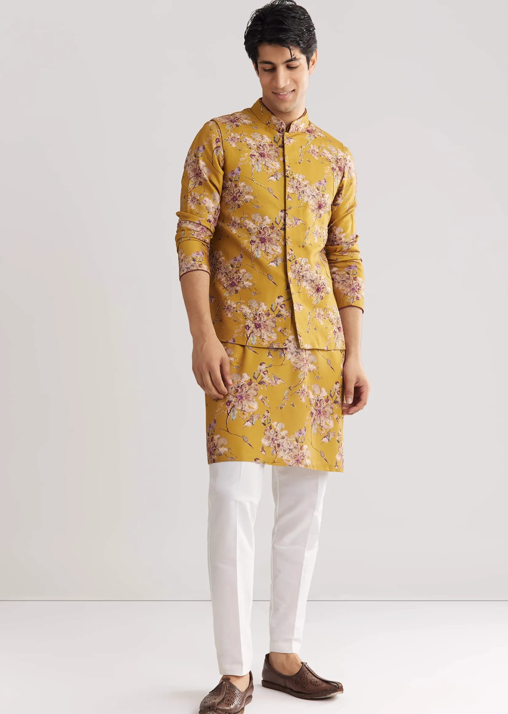 Yellow Pashmina Jacket Kurta Set With Stone Work