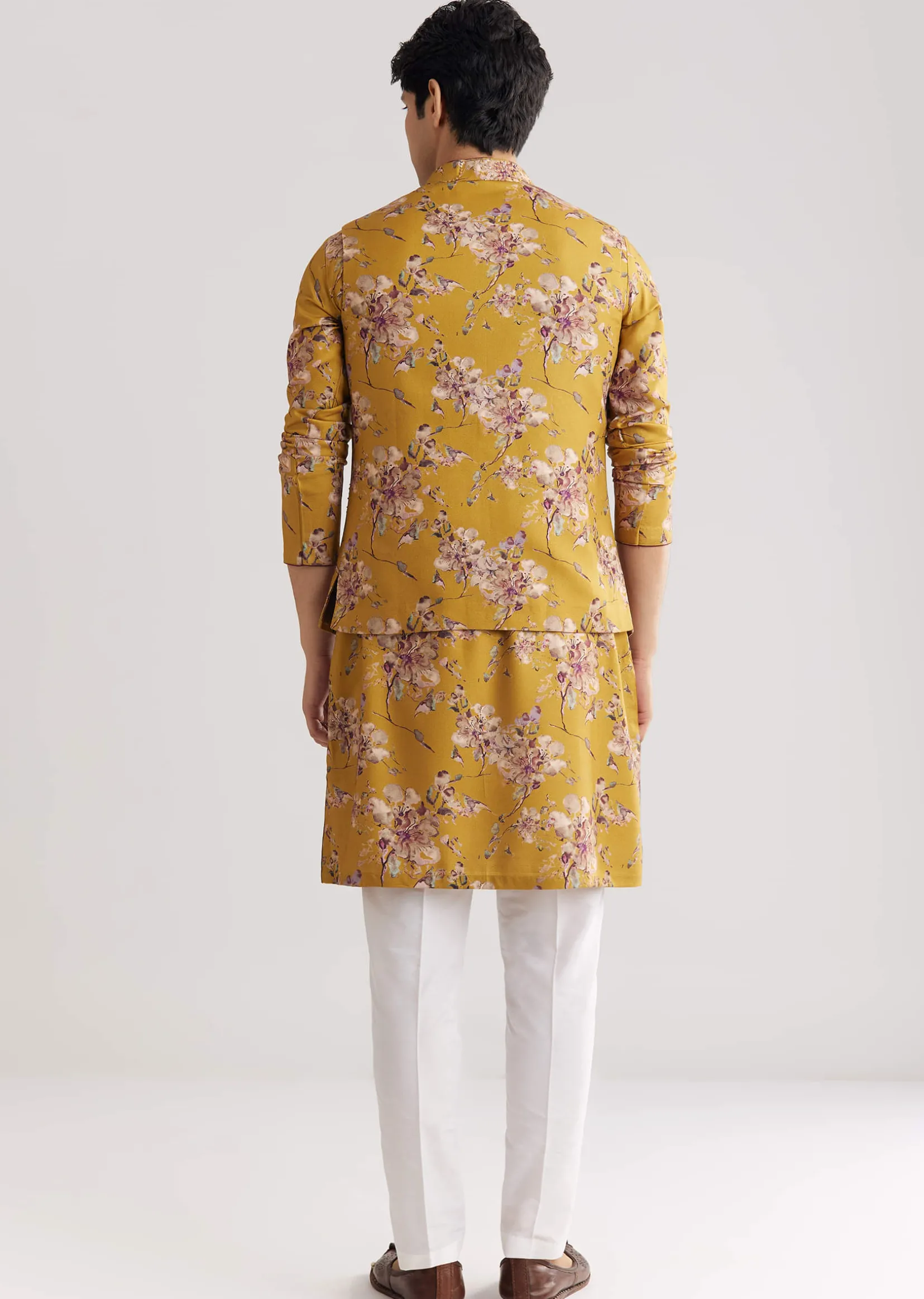 Yellow Pashmina Jacket Kurta Set With Stone Work
