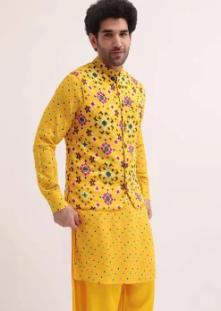 Yellow Patola Printed Kurta Jacket Set For Men