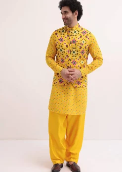 Yellow Patola Printed Kurta Jacket Set For Men