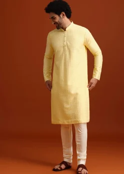 Yellow Poly Silk Quilted Kurta Set
