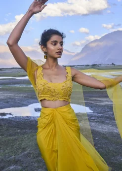 Yellow Pre Draped Skirt With Embroidered Corset Blouse And Cape
