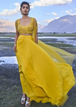 Yellow Pre Draped Skirt With Embroidered Corset Blouse And Cape