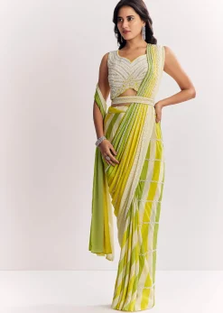 Yellow Pre Stitched Saree With Striped Print And Moti Cutdana Blouse