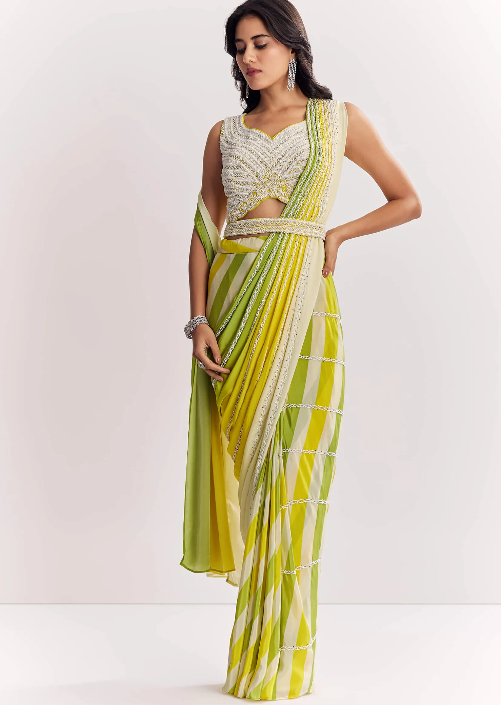 Yellow Pre Stitched Saree With Striped Print And Moti Cutdana Blouse
