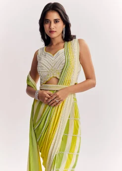 Yellow Pre Stitched Saree With Striped Print And Moti Cutdana Blouse