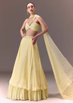 Yellow Pre-Pleated One Shoulder Blouse With Frill Lehenga And Choker Dupatta