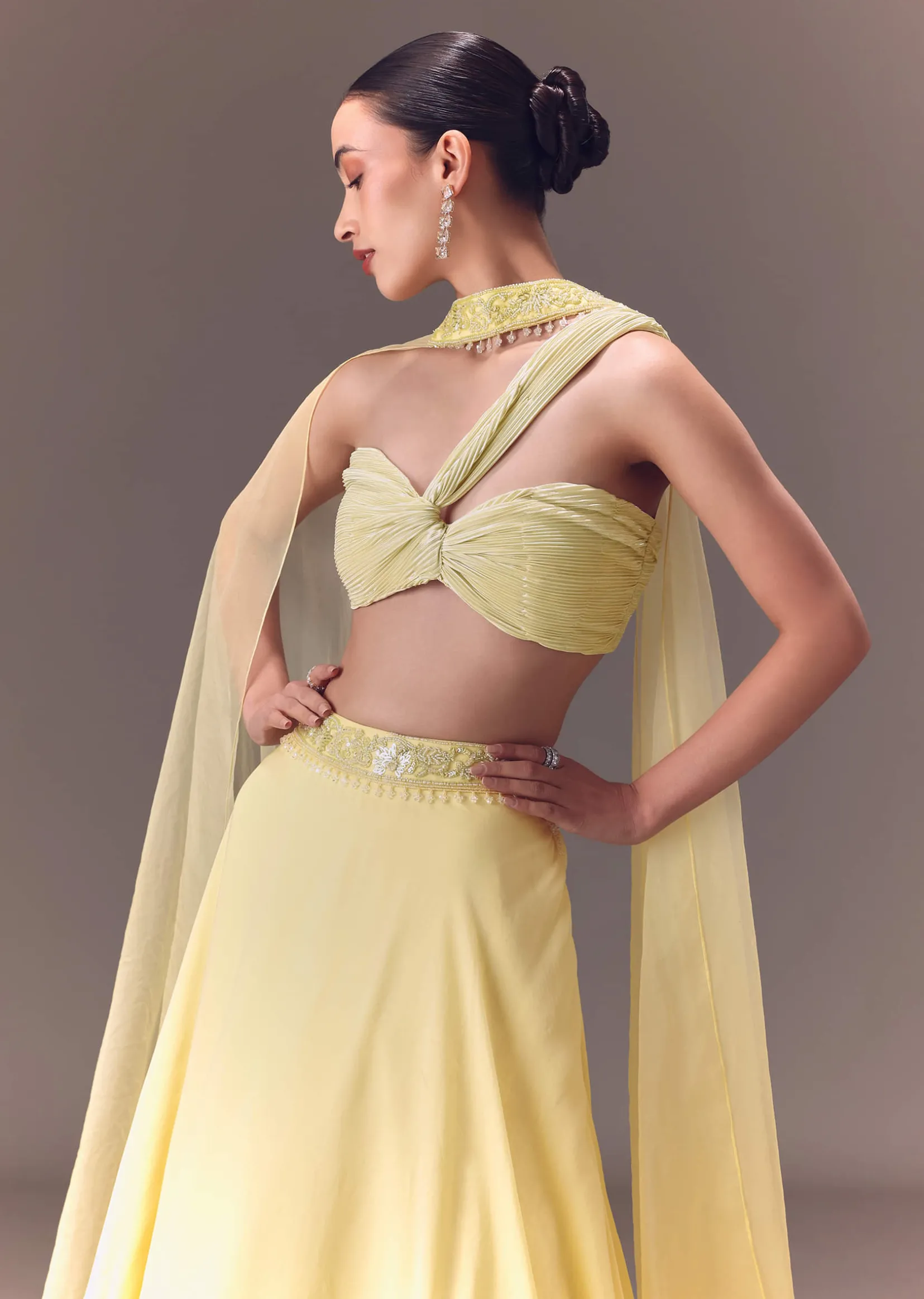 Yellow Pre-Pleated One Shoulder Blouse With Frill Lehenga And Choker Dupatta