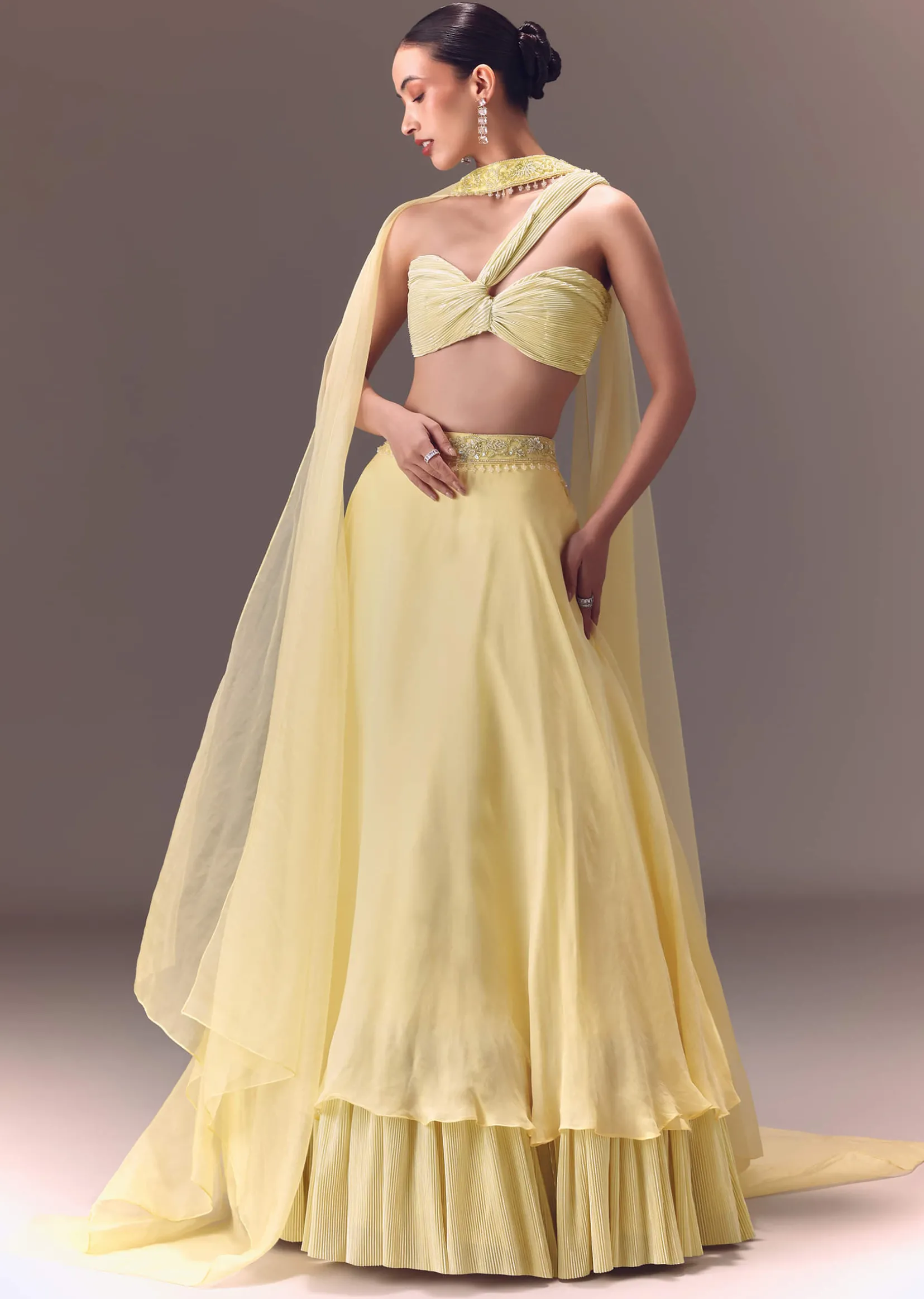 Yellow Pre-Pleated One Shoulder Blouse With Frill Lehenga And Choker Dupatta