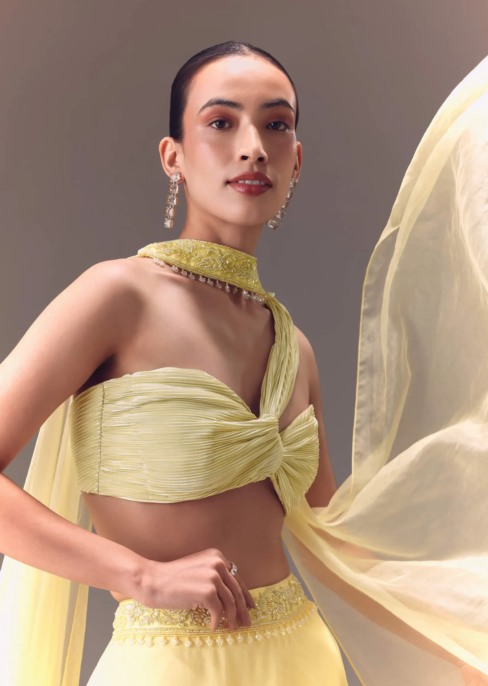 Yellow Pre-Pleated One Shoulder Blouse With Frill Lehenga And Choker Dupatta