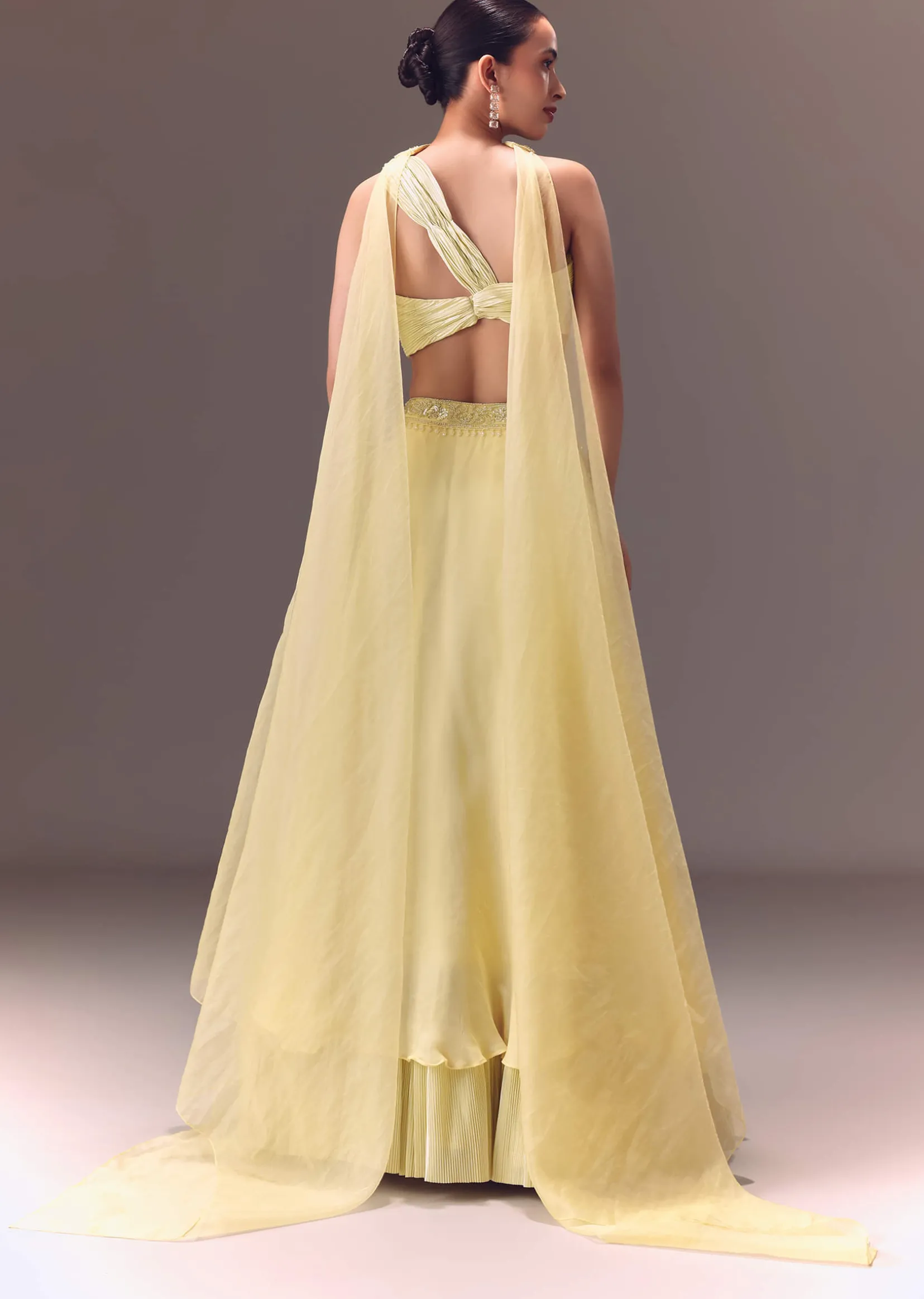 Yellow Pre-Pleated One Shoulder Blouse With Frill Lehenga And Choker Dupatta