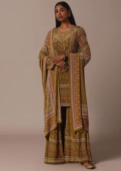 Yellow Printed Chiffon Sharara Set With Stone Work Kurta