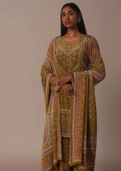 Yellow Printed Chiffon Sharara Set With Stone Work Kurta