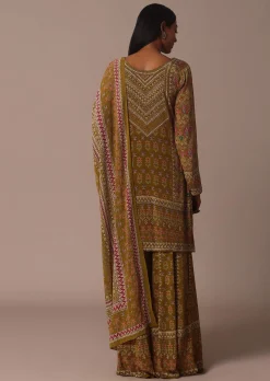 Yellow Printed Chiffon Sharara Set With Stone Work Kurta