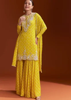 Yellow Printed Chinon Sharara Set With Cut Dana And Sequins