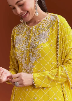 Yellow Printed Chinon Sharara Set With Cut Dana And Sequins