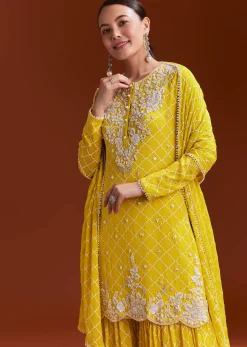 Yellow Printed Chinon Sharara Set With Cut Dana And Sequins