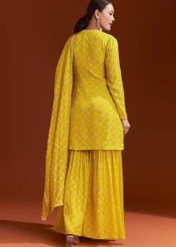 Yellow Printed Chinon Sharara Set With Cut Dana And Sequins