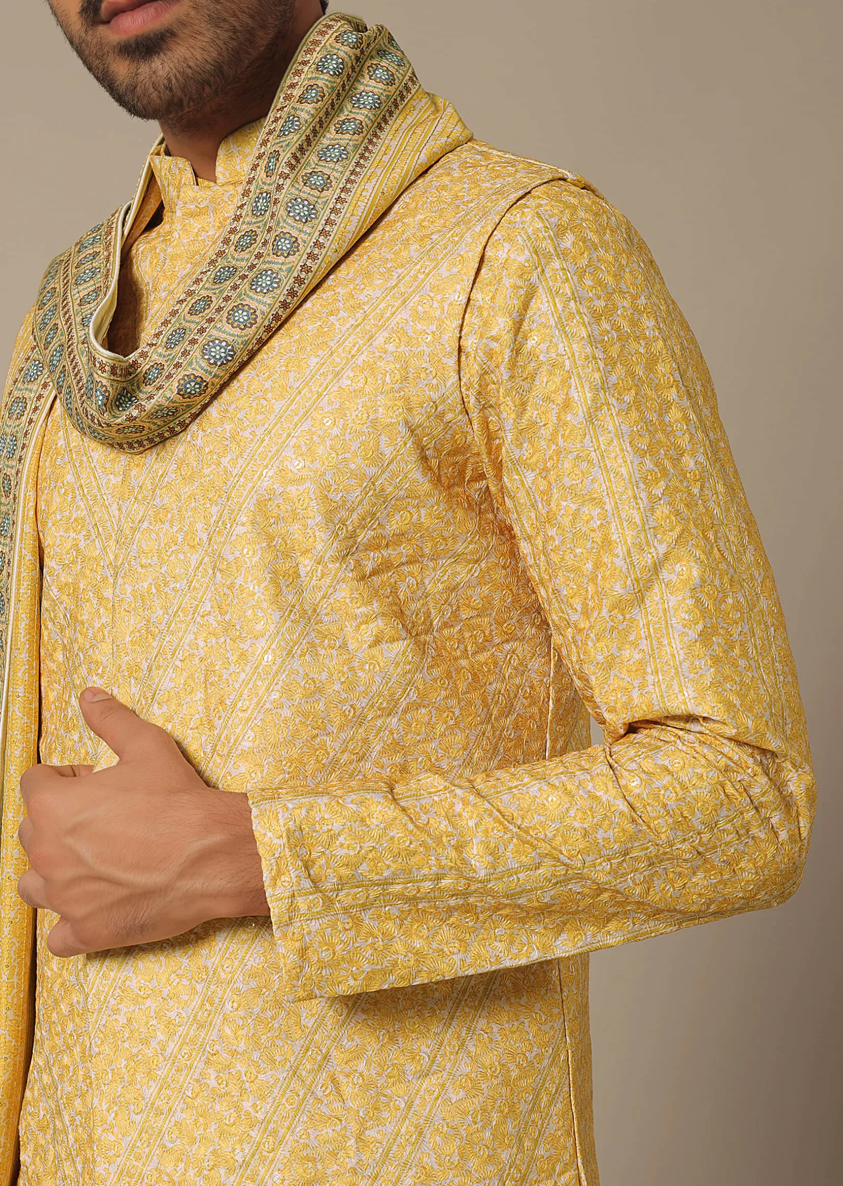 Yellow Printed Cotton Jacket Set