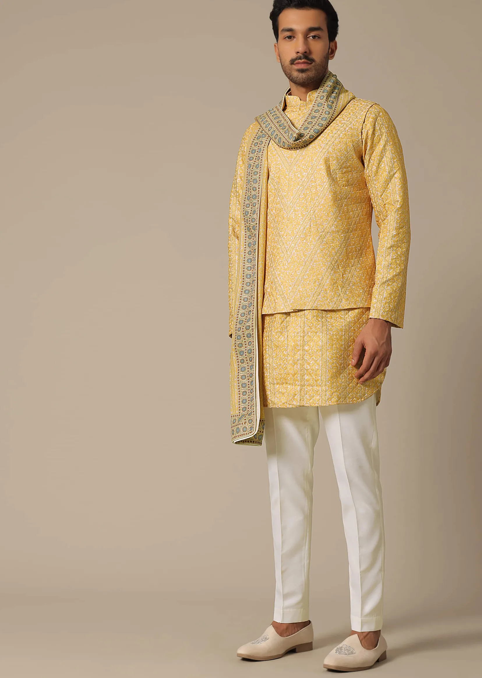Yellow Printed Cotton Jacket Set