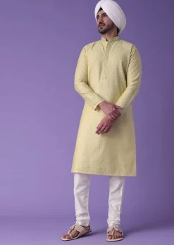 Yellow Printed Kurta Set In Silk With Zari Work