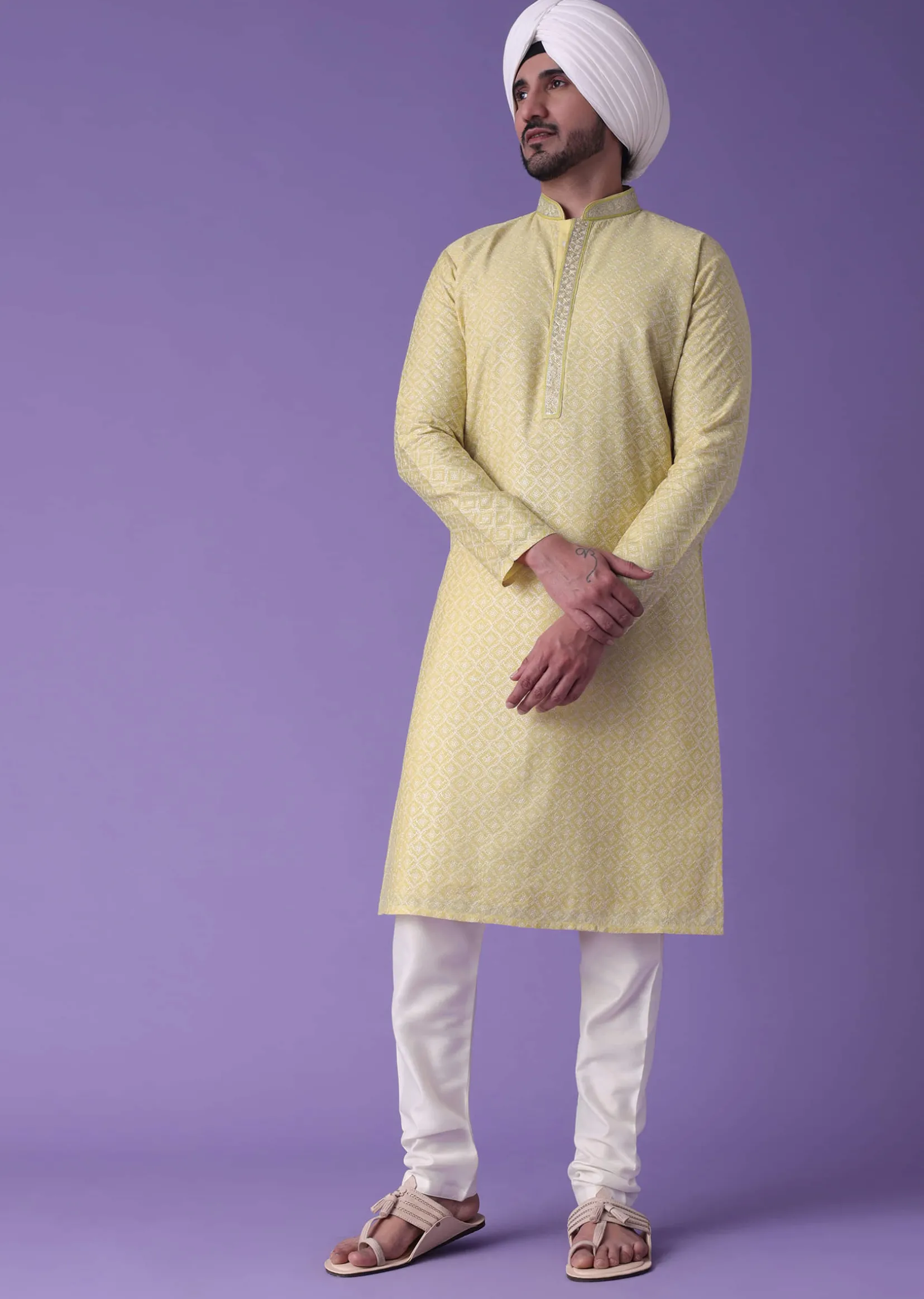 Yellow Printed Kurta Set In Silk With Zari Work