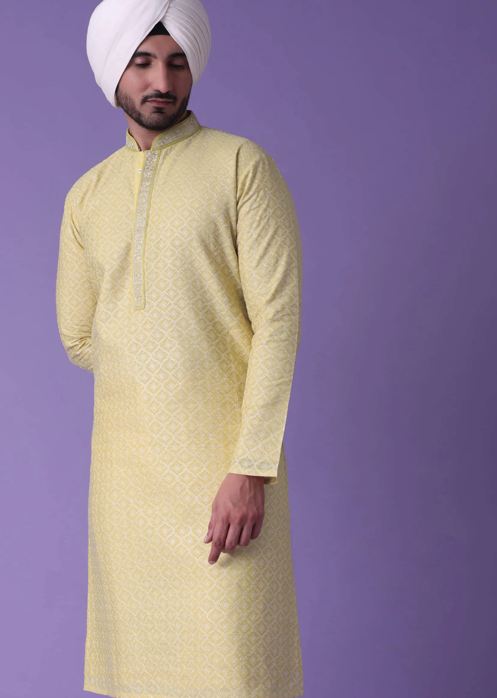 Yellow Printed Kurta Set In Silk With Zari Work