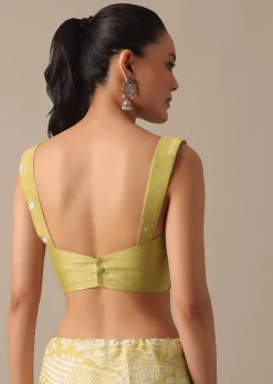 Yellow Printed Satin Saree With Embroidered Detail And Unstitched Blouse Piece