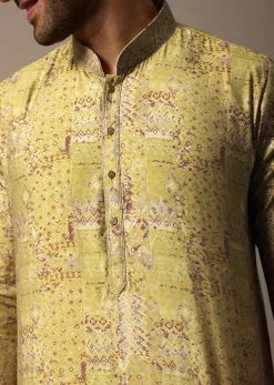 Yellow Printed Silk Kurta Set For Men