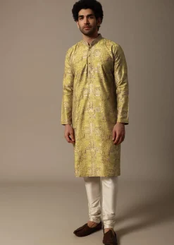 Yellow Printed Silk Kurta Set For Men