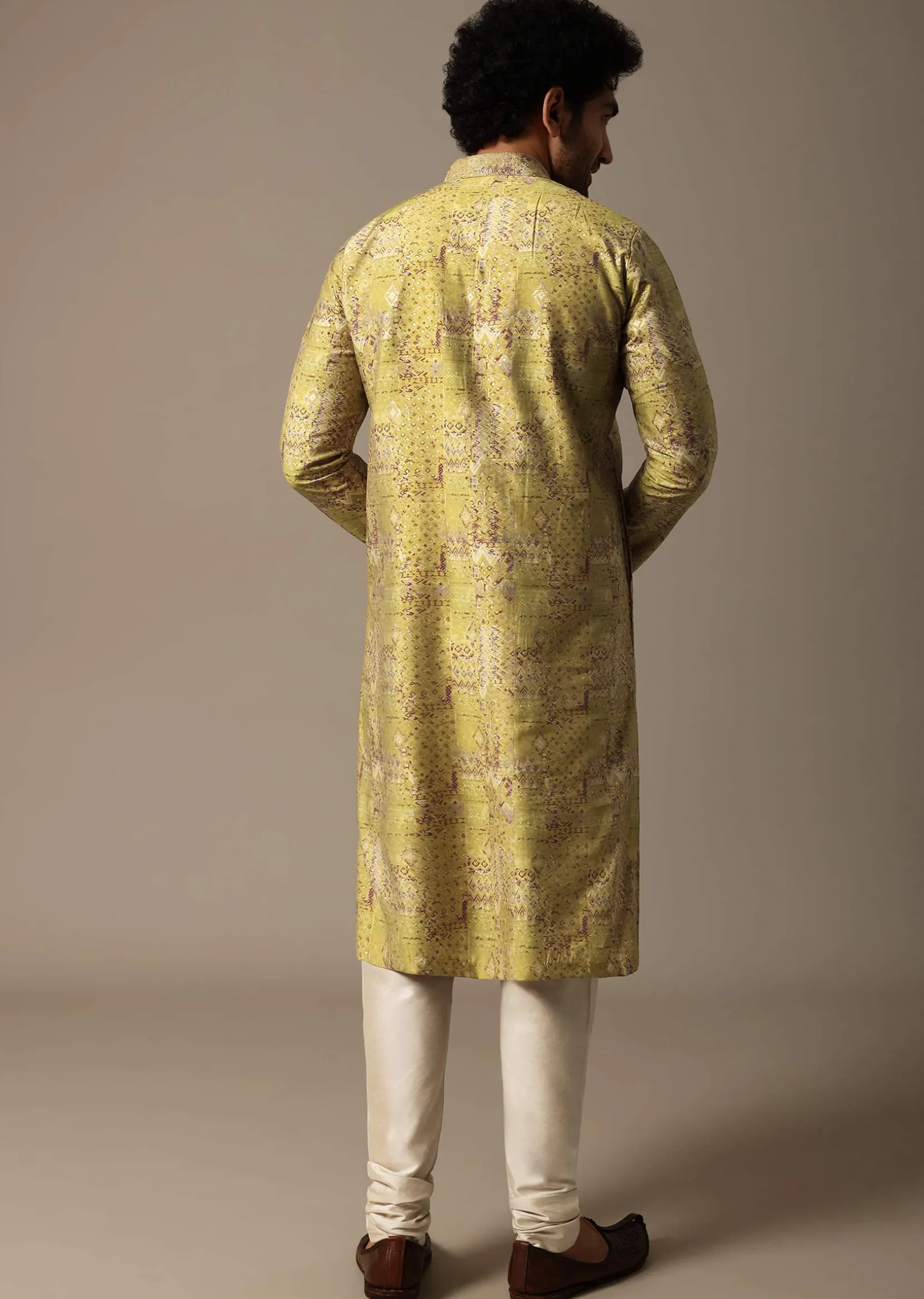 Yellow Printed Silk Kurta Set For Men