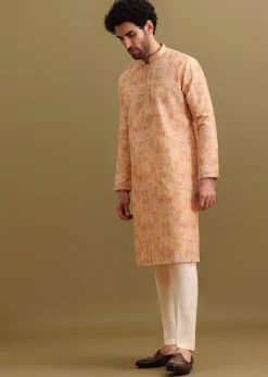 Yellow Printed Silk Zipper Kurta Set For Men